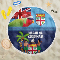 Fiji Marau na Kerisimasi Beach Blanket Christmas Collared Lory - Fiji Emblems and Xmas Palm Tree Tapa Art Pattern LT03 One Size 150cm Blue - Polynesian Pride