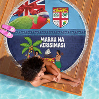 Fiji Marau na Kerisimasi Beach Blanket Christmas Collared Lory - Fiji Emblems and Xmas Palm Tree Tapa Art Pattern LT03 - Polynesian Pride