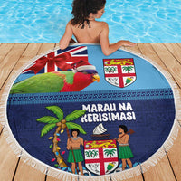 Fiji Marau na Kerisimasi Beach Blanket Christmas Collared Lory - Fiji Emblems and Xmas Palm Tree Tapa Art Pattern LT03 - Polynesian Pride