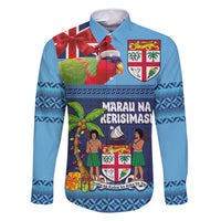 Fiji Marau na Kerisimasi Family Matching Mermaid Dress and Hawaiian Shirt Christmas Collared Lory - Fiji Emblems and Xmas Palm Tree Tapa Art Pattern LT03 Dad's Shirt - Long Sleeve Blue - Polynesian Pride