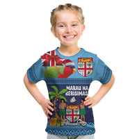Fiji Marau na Kerisimasi Kid T Shirt Christmas Collared Lory - Fiji Emblems and Xmas Palm Tree Tapa Art Pattern LT03 Blue - Polynesian Pride