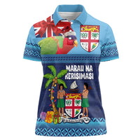 Fiji Marau na Kerisimasi Women Polo Shirt Christmas Collared Lory - Fiji Emblems and Xmas Palm Tree Tapa Art Pattern LT03 Female Blue - Polynesian Pride