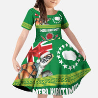 Cook Islands Meri Kiritimiti Family Matching Off The Shoulder Long Sleeve Dress and Hawaiian Shirt Christmas Turtle - Cooks Islands Emblems and Polynesian Art Pattern LT03 Daughter's Dress Green - Polynesian Pride
