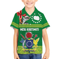 Cook Islands Meri Kiritimiti Family Matching Off The Shoulder Long Sleeve Dress and Hawaiian Shirt Christmas Turtle - Cooks Islands Emblems and Polynesian Art Pattern LT03 Son's Shirt Green - Polynesian Pride