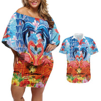 Hawaiian Love-Couple Dolphins and Flamingos Couples Matching Off Shoulder Short Dress and Hawaiian Shirt - Polynesian Pride