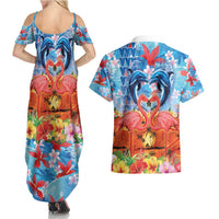 Hawaiian Love-Couple Dolphins and Flamingos Couples Matching Summer Maxi Dress and Hawaiian Shirt - Polynesian Pride