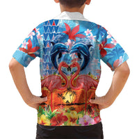 Hawaiian Love-Couple Dolphins and Flamingos Family Matching Off The Shoulder Long Sleeve Dress and Hawaiian Shirt - Polynesian Pride