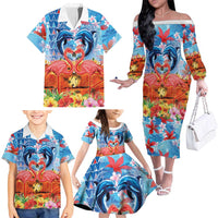 Hawaiian Love-Couple Dolphins and Flamingos Family Matching Off The Shoulder Long Sleeve Dress and Hawaiian Shirt - Polynesian Pride
