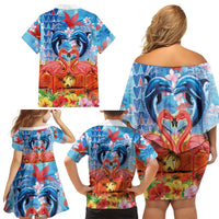 Hawaiian Love-Couple Dolphins and Flamingos Family Matching Off Shoulder Short Dress and Hawaiian Shirt - Polynesian Pride