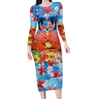 Hawaiian Love-Couple Dolphins and Flamingos Long Sleeve Bodycon Dress - Polynesian Pride