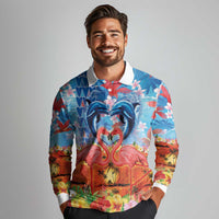 Hawaiian Love-Couple Dolphins and Flamingos Long Sleeve Polo Shirt - Polynesian Pride