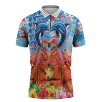 Hawaiian Love-Couple Dolphins and Flamingos Zipper Polo Shirt - Polynesian Pride