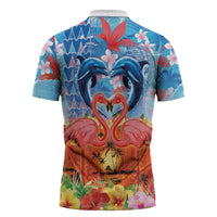 Hawaiian Love-Couple Dolphins and Flamingos Zipper Polo Shirt - Polynesian Pride