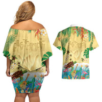 Hawaiian Alohawaii Couples Matching Off Shoulder Short Dress and Hawaiian Shirt Tropical Plants and Animals on The Beach - Polynesian Pride