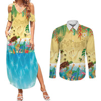 Hawaiian Alohawaii Couples Matching Summer Maxi Dress and Long Sleeve Button Shirt Tropical Plants and Animals on The Beach - Polynesian Pride