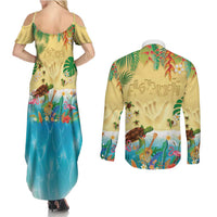 Hawaiian Alohawaii Couples Matching Summer Maxi Dress and Long Sleeve Button Shirt Tropical Plants and Animals on The Beach - Polynesian Pride