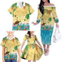 Hawaiian Alohawaii Family Matching Off The Shoulder Long Sleeve Dress and Hawaiian Shirt Tropical Plants and Animals on The Beach - Polynesian Pride