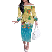 Hawaiian Alohawaii Family Matching Off The Shoulder Long Sleeve Dress and Hawaiian Shirt Tropical Plants and Animals on The Beach - Polynesian Pride