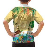 Hawaiian Alohawaii Family Matching Off Shoulder Short Dress and Hawaiian Shirt Tropical Plants and Animals on The Beach - Polynesian Pride
