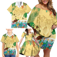 Hawaiian Alohawaii Family Matching Off Shoulder Short Dress and Hawaiian Shirt Tropical Plants and Animals on The Beach - Polynesian Pride