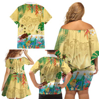 Hawaiian Alohawaii Family Matching Off Shoulder Short Dress and Hawaiian Shirt Tropical Plants and Animals on The Beach - Polynesian Pride
