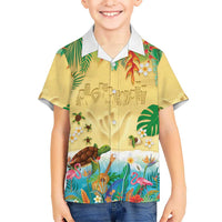 Hawaiian Alohawaii Family Matching Off Shoulder Short Dress and Hawaiian Shirt Tropical Plants and Animals on The Beach - Polynesian Pride