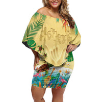 Hawaiian Alohawaii Off Shoulder Short Dress Tropical Plants and Animals on The Beach - Polynesian Pride