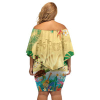 Hawaiian Alohawaii Off Shoulder Short Dress Tropical Plants and Animals on The Beach - Polynesian Pride