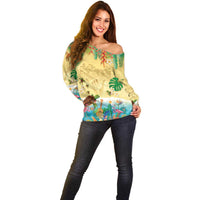 Hawaiian Alohawaii Off Shoulder Sweater Tropical Plants and Animals on The Beach - Polynesian Pride