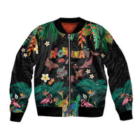Hawaiian Alohawaii Bomber Jacket Tribal Sea Animals Tattoo and Tropical Plants LT03 Unisex Black - Polynesian Pride