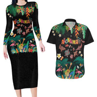Hawaiian Alohawaii Couples Matching Long Sleeve Bodycon Dress and Hawaiian Shirt Tribal Sea Animals Tattoo and Tropical Plants - Polynesian Pride