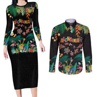 Hawaiian Alohawaii Couples Matching Long Sleeve Bodycon Dress and Long Sleeve Button Shirt Tribal Sea Animals Tattoo and Tropical Plants - Polynesian Pride