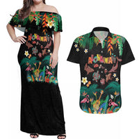 Hawaiian Alohawaii Couples Matching Off Shoulder Maxi Dress and Hawaiian Shirt Tribal Sea Animals Tattoo and Tropical Plants - Polynesian Pride