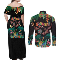 Hawaiian Alohawaii Couples Matching Off Shoulder Maxi Dress and Long Sleeve Button Shirt Tribal Sea Animals Tattoo and Tropical Plants - Polynesian Pride