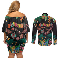 Hawaiian Alohawaii Couples Matching Off Shoulder Short Dress and Long Sleeve Button Shirt Tribal Sea Animals Tattoo and Tropical Plants - Polynesian Pride