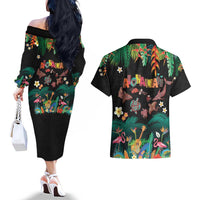 Hawaiian Alohawaii Couples Matching Off The Shoulder Long Sleeve Dress and Hawaiian Shirt Tribal Sea Animals Tattoo and Tropical Plants - Polynesian Pride