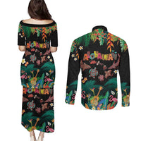 Hawaiian Alohawaii Couples Matching Puletasi and Long Sleeve Button Shirt Tribal Sea Animals Tattoo and Tropical Plants - Polynesian Pride