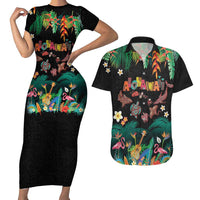 Hawaiian Alohawaii Couples Matching Short Sleeve Bodycon Dress and Hawaiian Shirt Tribal Sea Animals Tattoo and Tropical Plants - Polynesian Pride