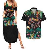 Hawaiian Alohawaii Couples Matching Summer Maxi Dress and Hawaiian Shirt Tribal Sea Animals Tattoo and Tropical Plants - Polynesian Pride