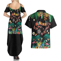 Hawaiian Alohawaii Couples Matching Summer Maxi Dress and Hawaiian Shirt Tribal Sea Animals Tattoo and Tropical Plants - Polynesian Pride
