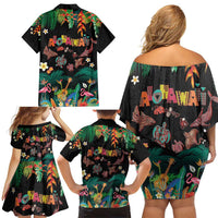 Hawaiian Alohawaii Family Matching Off Shoulder Short Dress and Hawaiian Shirt Tribal Sea Animals Tattoo and Tropical Plants - Polynesian Pride