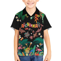 Hawaiian Alohawaii Family Matching Off Shoulder Short Dress and Hawaiian Shirt Tribal Sea Animals Tattoo and Tropical Plants LT03 Son's Shirt Black - Polynesian Pride