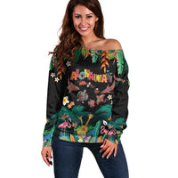 Hawaiian Alohawaii Off Shoulder Sweater Tribal Sea Animals Tattoo and Tropical Plants - Polynesian Pride