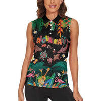 Hawaiian Alohawaii Women Sleeveless Polo Shirt Tribal Sea Animals Tattoo and Tropical Plants - Polynesian Pride
