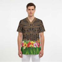 Hawaiian Hula Costume Scrub Top Tribal Tattoo and Tropical Plants Skirt - Polynesian Pride