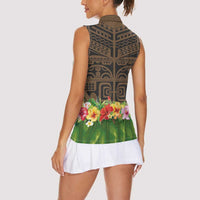 Hawaiian Hula Costume Women Sleeveless Polo Shirt Tribal Tattoo and Tropical Plants Skirt - Polynesian Pride
