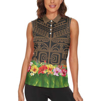 Hawaiian Hula Costume Women Sleeveless Polo Shirt Tribal Tattoo and Tropical Plants Skirt - Polynesian Pride