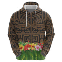 Hawaiian Hula Costume Zip Hoodie Tribal Tattoo and Tropical Plants Skirt - Polynesian Pride
