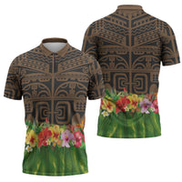 Hawaiian Hula Costume Zipper Polo Shirt Tribal Tattoo and Tropical Plants Skirt - Polynesian Pride