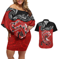 Personalised Aotearoa Toitu Te Tiriti Couples Matching Off Shoulder Short Dress and Hawaiian Shirt Taniwha Tribal Motifs